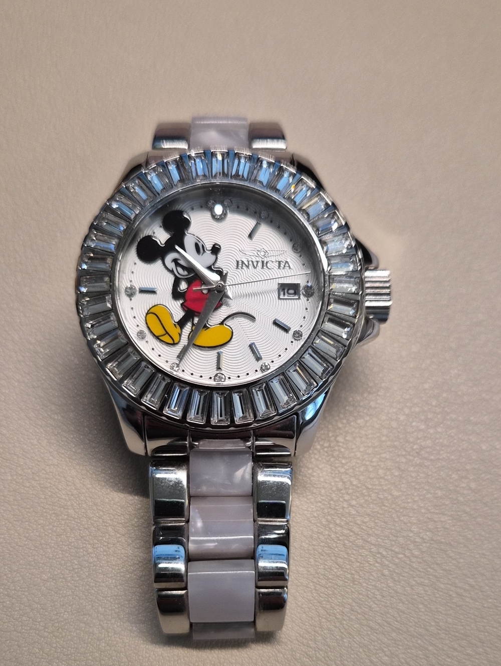 Invicta Silver Watch with Mickey Mouse and Yellow Accents